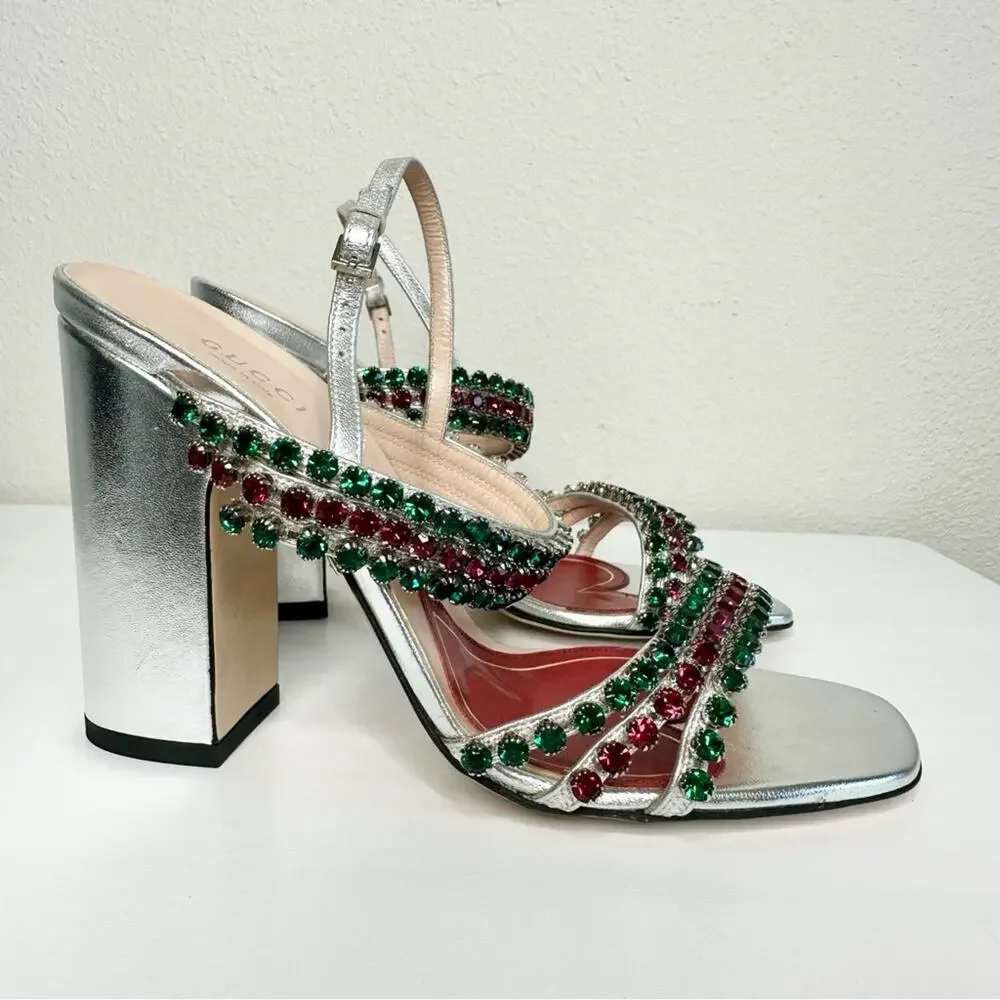 NEW GUCCI Bertie Nappa Leather Crystal Strappy Sandals Size 37 Silver - Picture 4 of 11